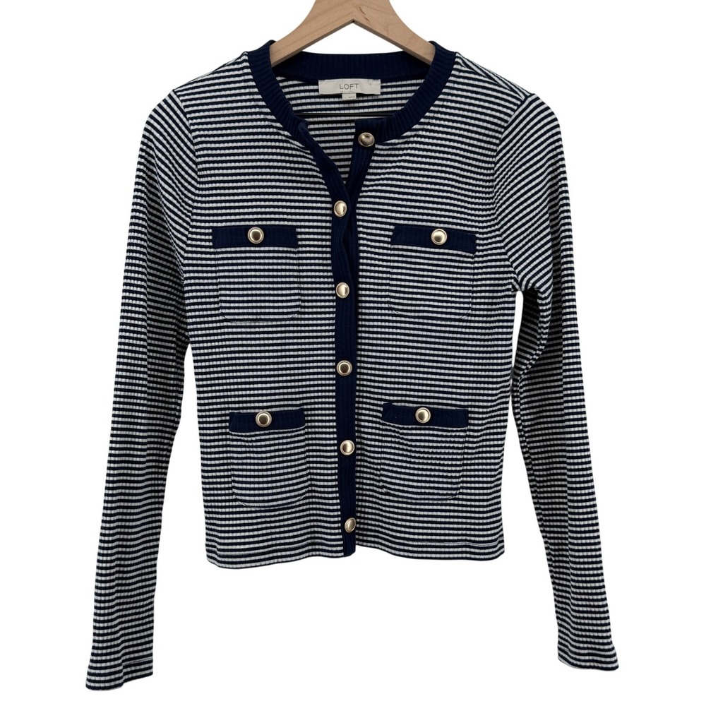Loft Striped Pocket Cardigan Top Navy White Women L Coastal Pockets Buttons